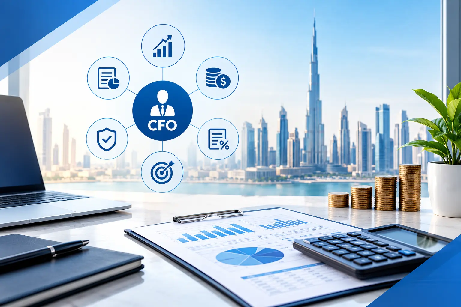 CFO services cost in Dubai for UAE SMEs, featuring financial reports, budgeting charts, and business growth planning.