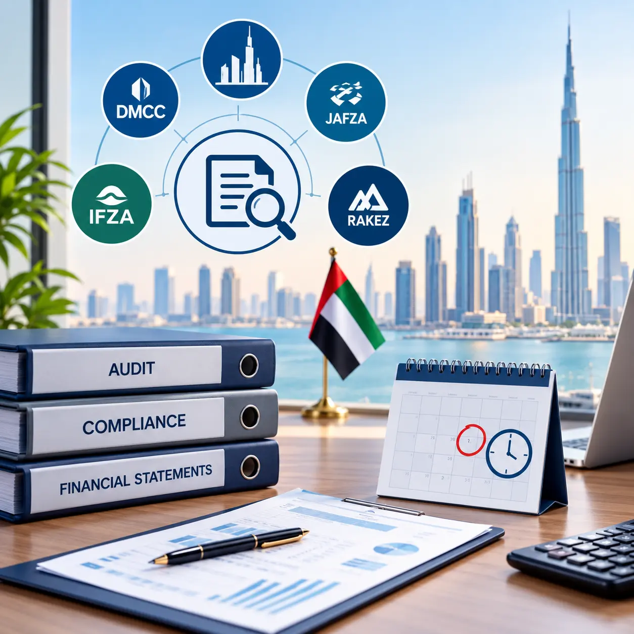 Statutory audit requirements in UAE free zones with audit documents, compliance records, and Dubai skyline.