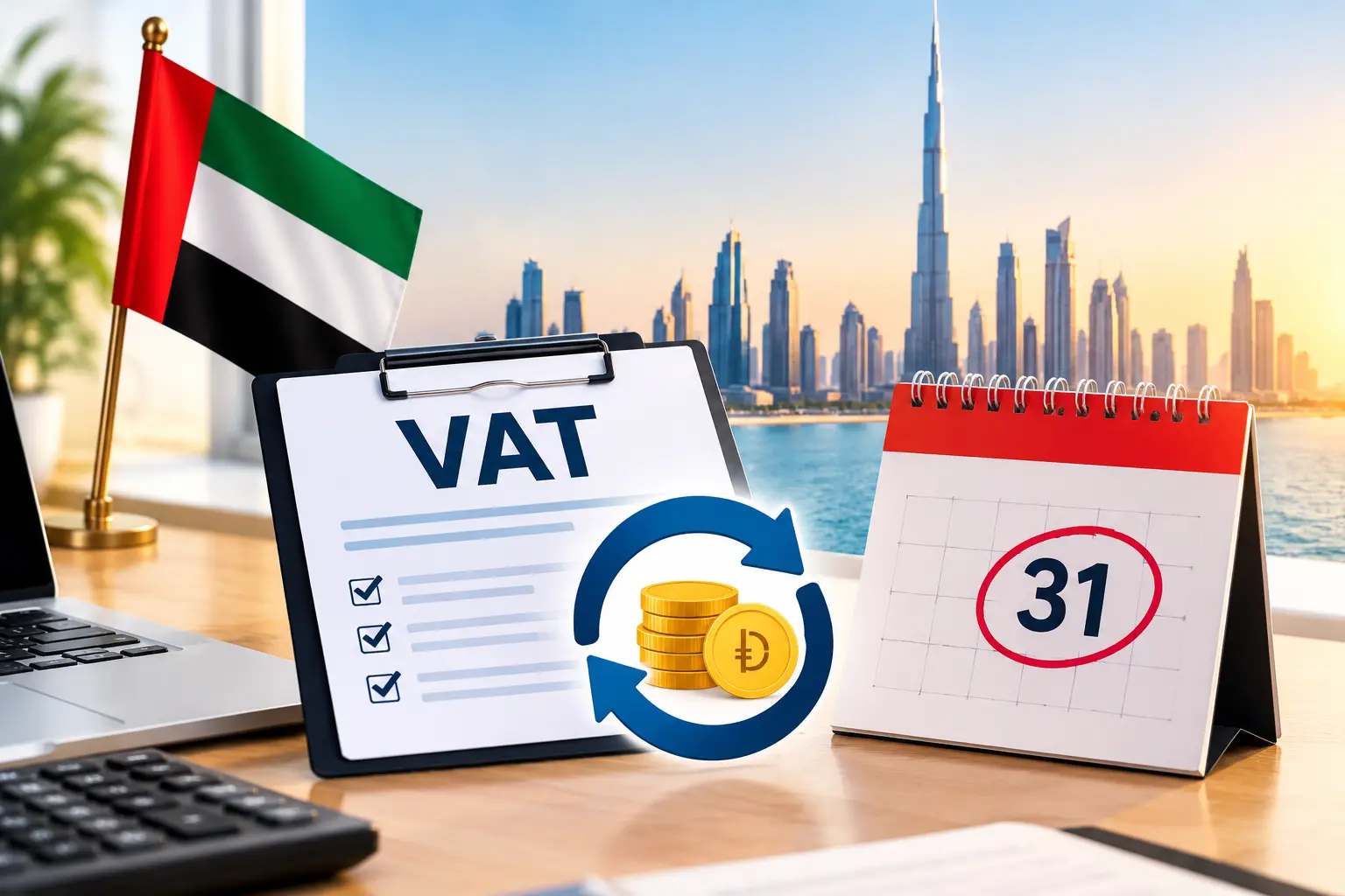 UAE VAT refund deadline 2026 with Dubai skyline, VAT refund documents, dirham coins, and a calendar marking 31 December.